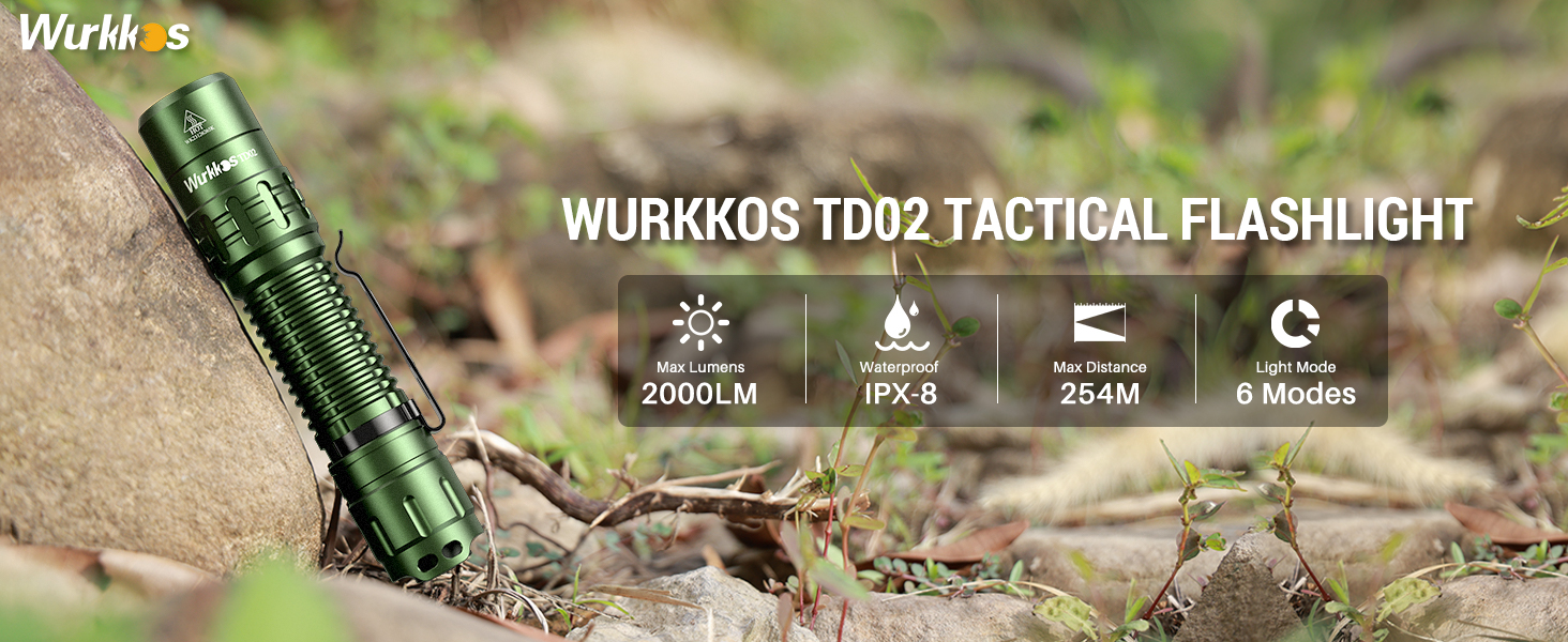 Ліхтар Wurkkos TD02 світлодіодний, 2000 люмен, USB-C, IP68, 6 режимів, для вулиці/приміщень (зелений)