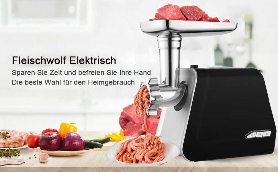 Електрична м'ясоподрібнювач з нержавіючої сталі, 2000W, з набором дисків та насадок для ковбас, чорний