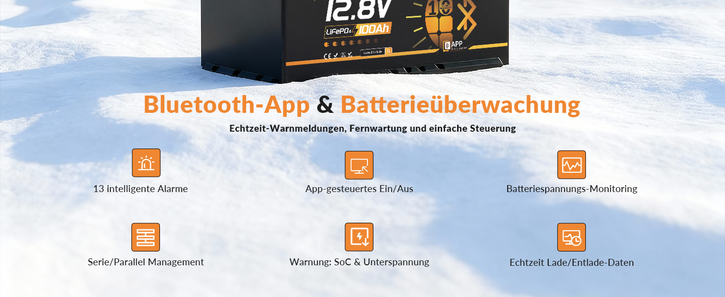 LiFePO4 акумулятор 12V 100Ah H190 з Bluetooth 5.4 для кемперів та житлових будинків на колесах, сертифікація ECE R10