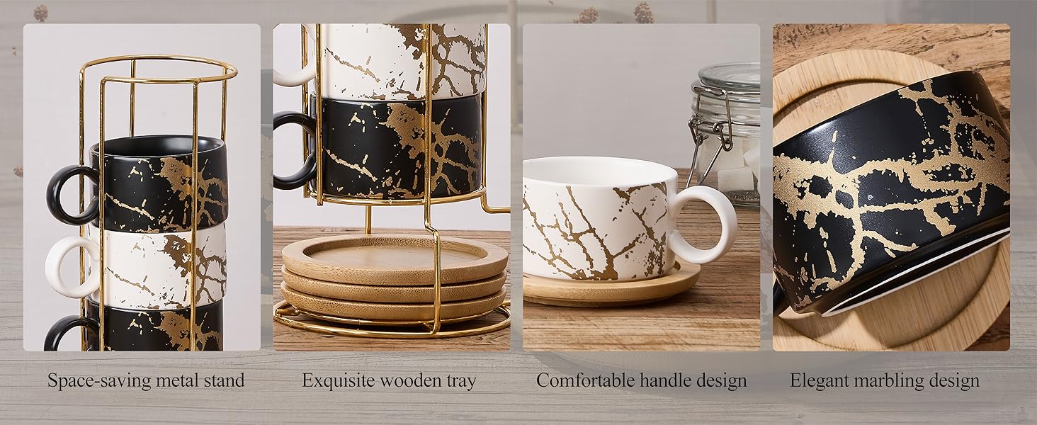 Набір кавових чашок Cappuccino HOME DECOR (4 шт, 160 мл) з підставками та стійкою - 160 мл, Stripe, кераміка