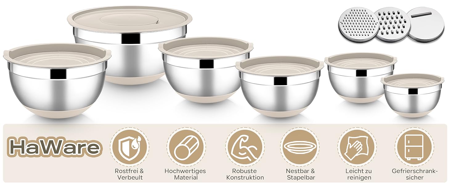 Набір мисок HaWare 6 шт. з нержавіючої сталі з кришками та набором терок, 4.6л/2.8л/2.5л/1.6л/1.2л/0.7л, з силіконовим дном, для миття в посудомийній машині