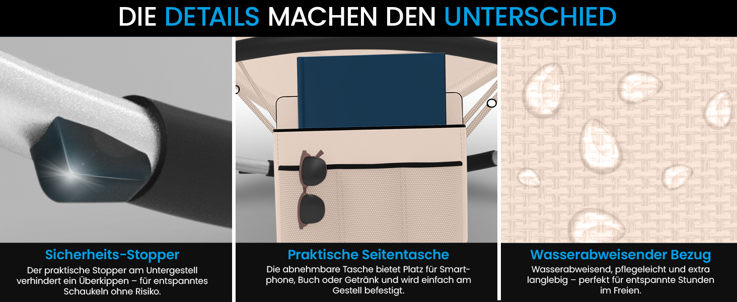 Крісло-гойдалка ELONEO для вулиці з кишенею, розслаблююче крісло до 180 кг, стійке до погодних умов, шезлонг для саду та балкону (з подушкою, кремово-антрацитовий)