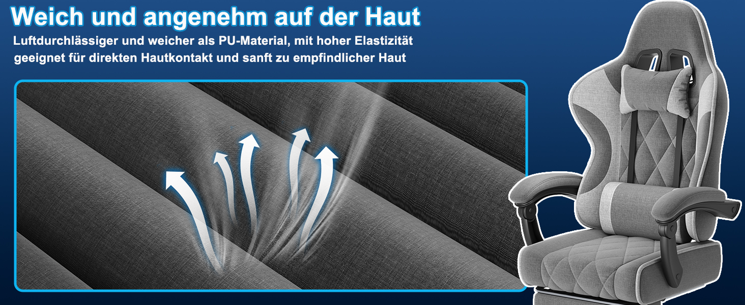 Ігровий крісло JUMMICO з тканини та пружинним наповнювачем, ергономічний офісний крісло з масажером. Крісло має підголівник, підставку для ніг, регулювання висоти. Максимальне навантаження: 150 кг. Колір: темно-сірий