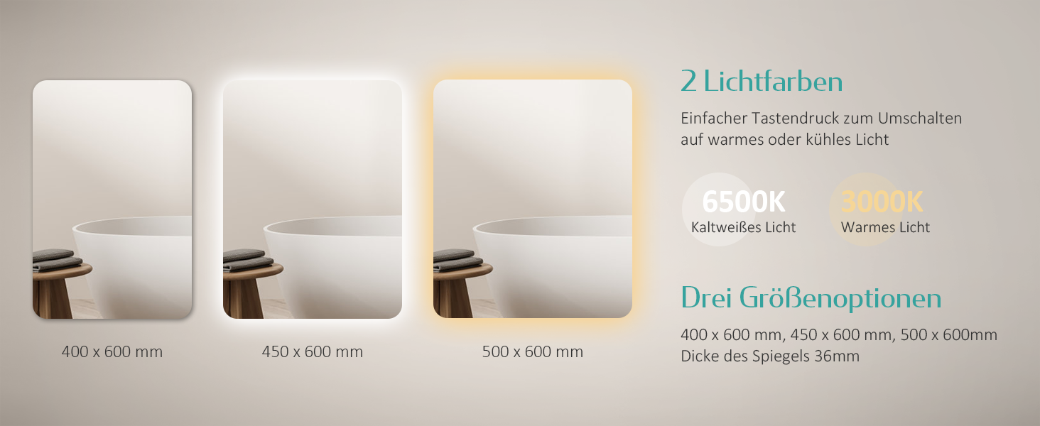 Дзеркало для ванної кімнати EMKE з підсвічуванням 40x60 см, антизапар, 2 кольори світла (тепле/холодне), вимикач-рейка, IP44, енергозберігаюче, захищене від вибуху