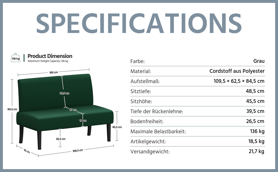 Диван-лавка Yaheetech на 2 місця, зелений, без підлокітників, для вітальні/коридору/офісу