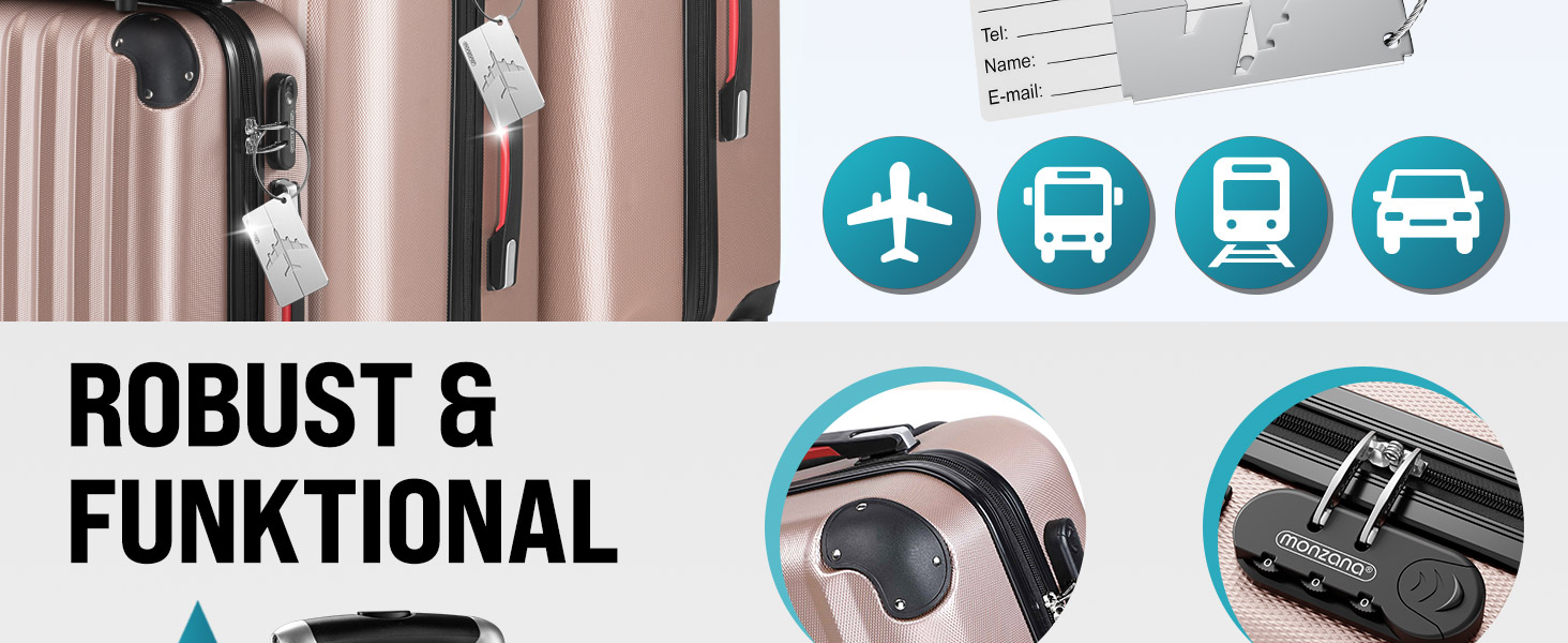 Набір валіз Monzana® 4шт з косметичкою, колір рожевий - M, L, XL - з замком, органайзером та вагами. З гелевими ручками, подвійними колесами, ніжками, телескопічною ручкою, валіза-троль, валіза з жорстким корпусом, багажний набір