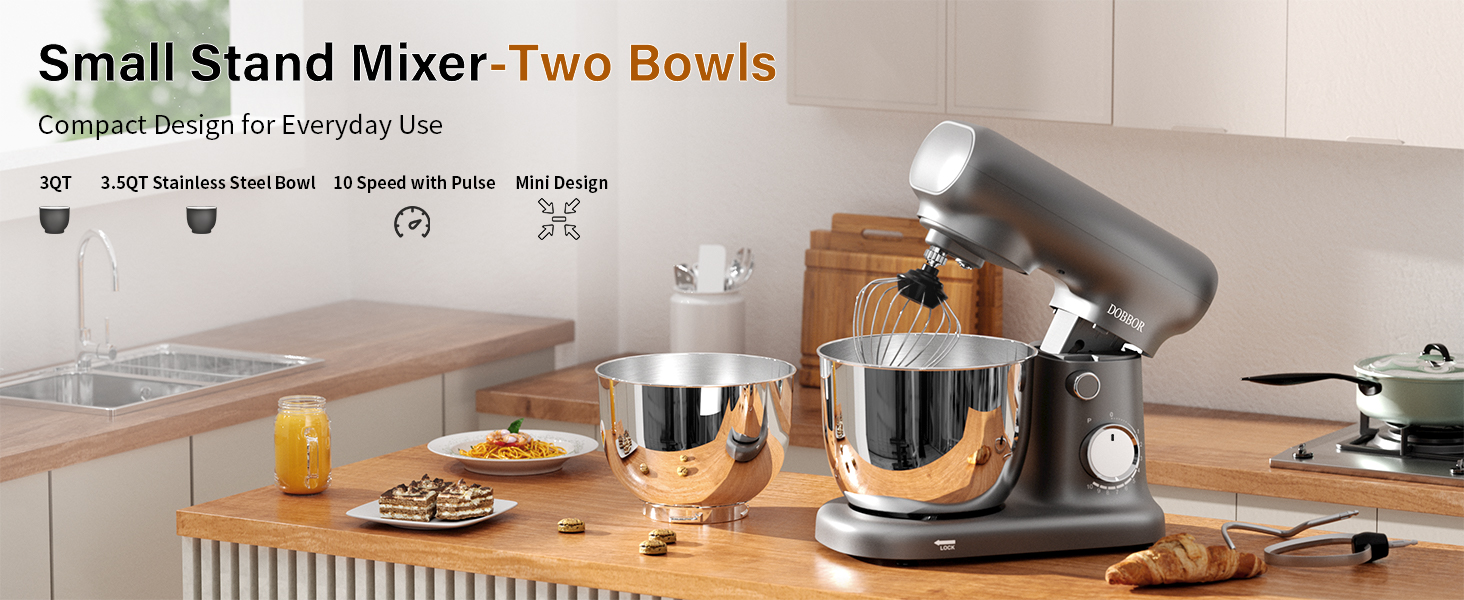 Кухонна машина-міксер з двома чашами 2.5L+3L, 10 швидкостей, 1500W, з гаком для тіста та насадкою для збивання, для випічки та щоденного приготування їжі (сріблясто-сірий)