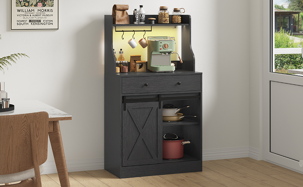 Чорний буфет-шафа з LED-підсвіткою, великою шухлядою та регульованими полицями для кухні, вітальні, їдальні