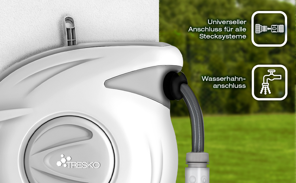 Трьохкамерний шланг TRESKO® з роликом для шланга, 30+2 м, з ручною лійкою, поворотний на 180°, для саду, автоматичний, з кріпленням для стіни та монтажним матеріалом