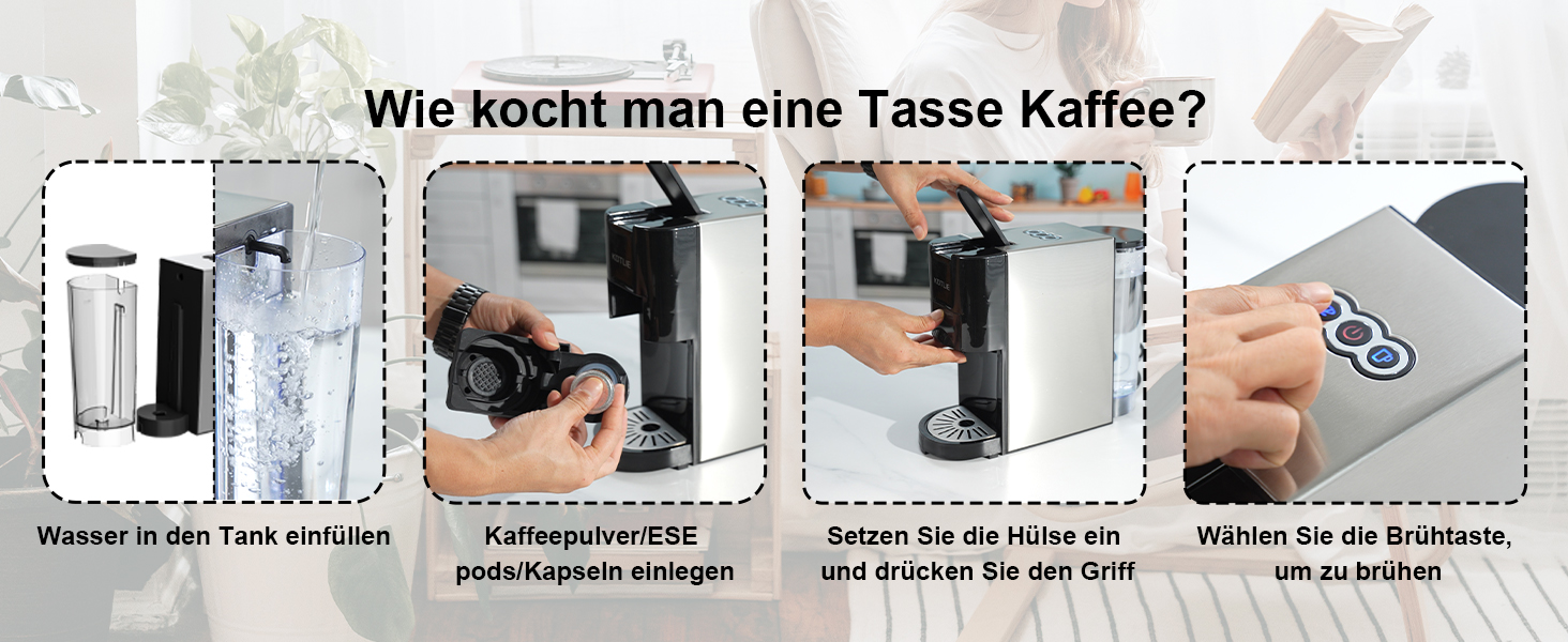 Кавомашина KOTLIE Espresso 4-в-1 для NES/Dolce Gusto/меленої кави/ESE (44мм), 19 Бар, Чорна
