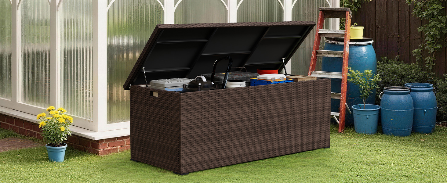 Водонепроникний садовий ящик Amopatio Gartenbox 650л з поліротангу для подушок, металевий з газовими амортизаторами, для саду та балкону, коричневий