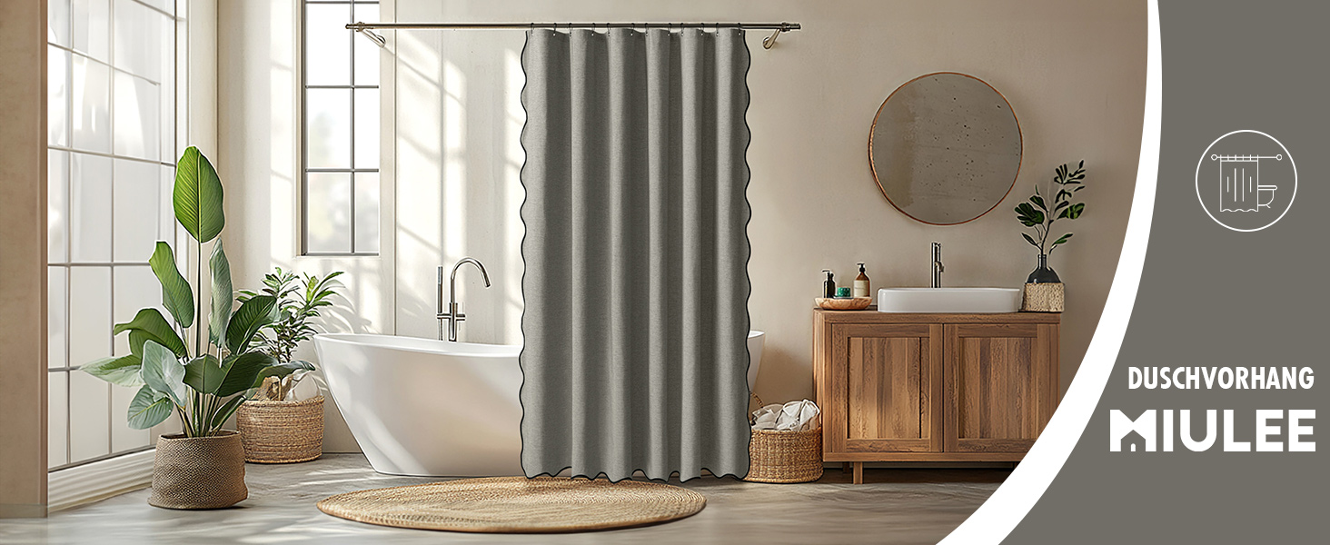 Шторка для душу MIULEE 120x200 см, льонова текстура, з чорною окантовкою, готельний стиль, водонепроникна, антигрибкова, тканинна, з 8-ма кільцями, сіра