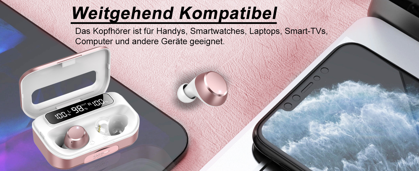 Навушники Lekaby In Ear Bluetooth 5.3, 128H HiFi, 4 мікрофони ENC, IP7, LED, USB-C, сенсорні, сакура