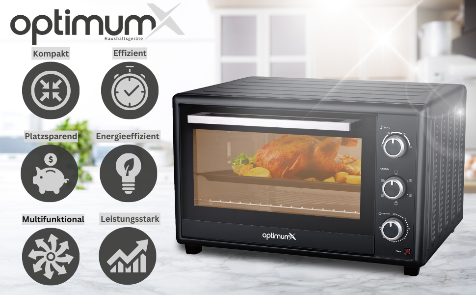 Міні-піч OptimumX 20L з конвекцією, таймером на 60 хв, для піци, 1380 Вт, чорна (об'єм 60 літрів)