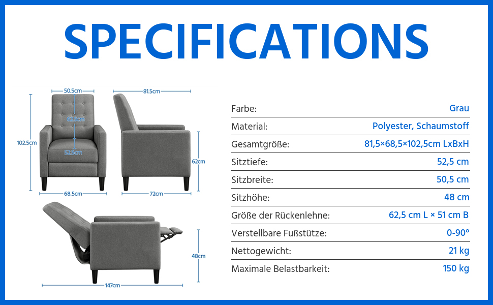 Крісло-релакс Yaheetech для телевізора, регульоване, сіре, з тканини льон