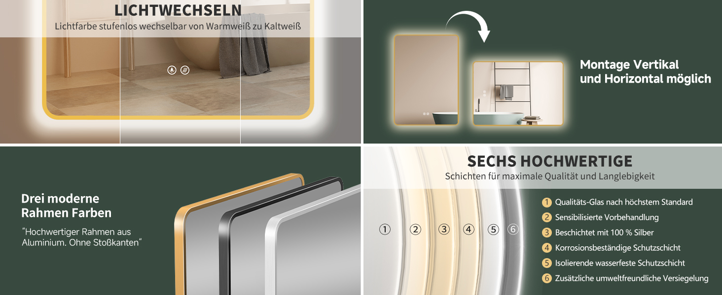 LED дзеркало для ванної кімнати HOKO Texas 60x80 см / 80x60 см з підсвічуванням, протитуманним покриттям та чорним металевим каркасом. Можливість встановлення вгору та вбік. Сенсорне керування + світло, регулювання кольору 2700-6500K (тепле, холодне, нейтральне біле світло). З покриттям Anti-Fog (80 см x 60 см)