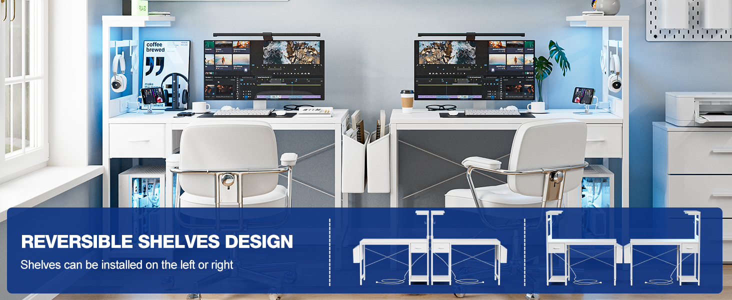 Ігровий стіл Grandder 120 см з розеткою та LED-підсвіткою, білий. Комп'ютерний стіл з регульованими полицями та ящиком, для дому та офісу 120 x 50 см