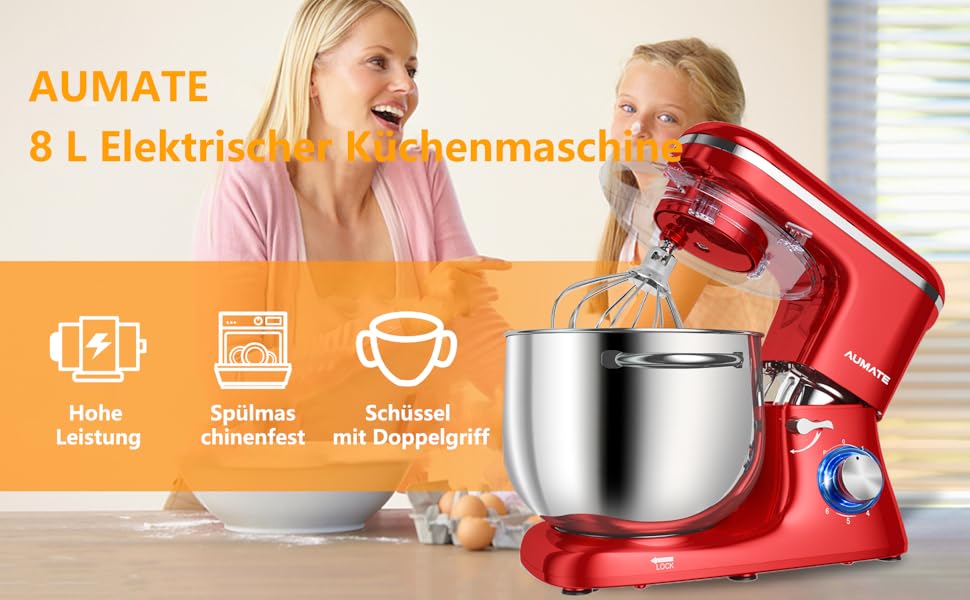 Кухонна машина AUMATE 1400W, 8 л, з міксером, гаком для тіста та вінчиком (червона)