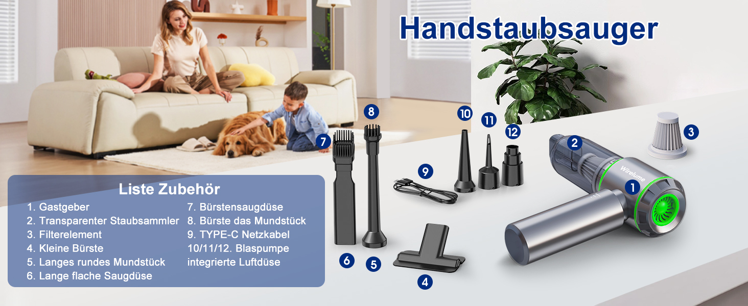 Акумуляторний ручний автомобільний пилосос 4 в 1, бездротовий міні-пилосос 22000 Па, потужний циклонний прибирання, 3 режими потужності, портативний для авто та шерсті тварин (Сріблястий)