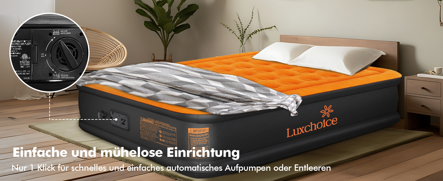 Надувне ліжко Luxchoice з електричним насосом для 2 осіб (205x155x38 см) - Dark Orange