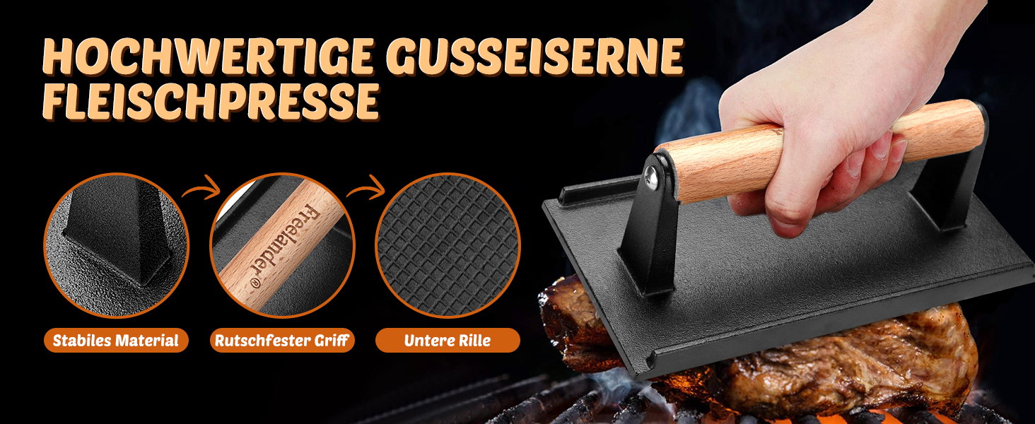 Пресс для бургерів Freelander з чавуну, набір для розчавлювання бургерів (Ø 17.6 см, 20.5 см), прес для гриля з термостійкою ручкою, великий бургерний прес для BBQ, стейків, сендвічів (чорний, прямокутний)