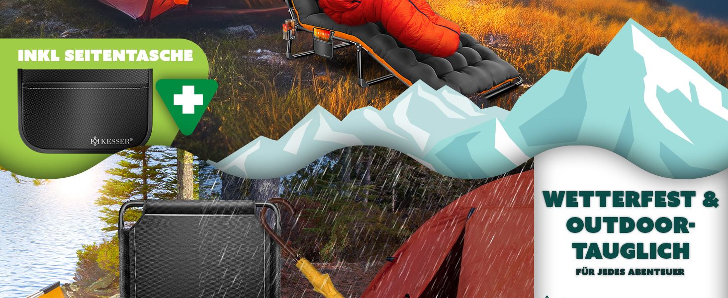 Розкладне кемпінгове ліжко KESSER з преміум-матрацом 190x68x30 см, польове ліжко до 250 кг з подушкою, кишенею та підстаканником, для відпочинку на природі та дому, колір Зелений/Тауп