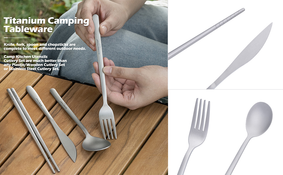 Набір столових приладів iBasingo Titan для кемпінгу: ложка, виделка, ніж, палочки для їжі. Металевий набір для відпочинку та подорожей Ti1056T
