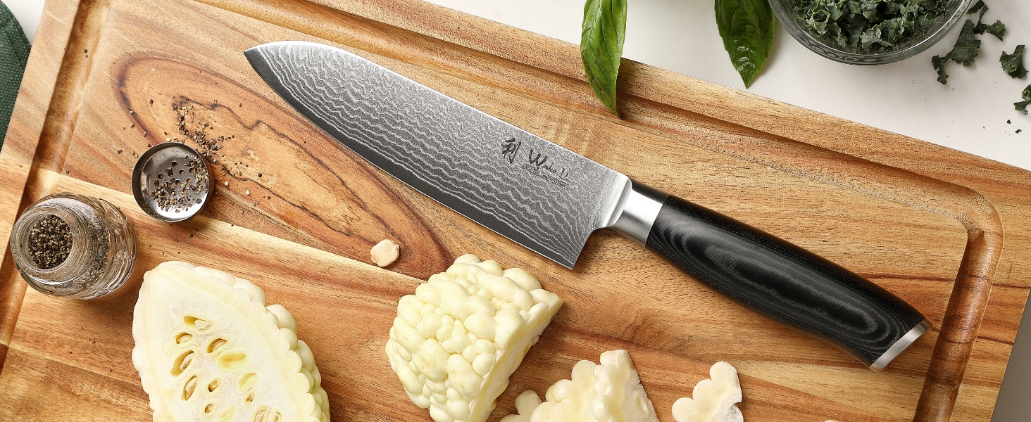 Ніж кухонний Wakoli Mikata Damast Santoku 17 см з лезом з дамаської сталі (67 шарів) з ручкою Micarta