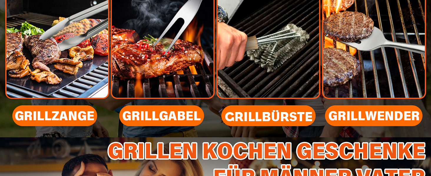 Набір гриля TIVOLI 4-частини з нержавіючої сталі з дерев'яними ручками: щипці, лопатка, щітка, виделка. Ідеальний подарунок для гриля та барбекю.