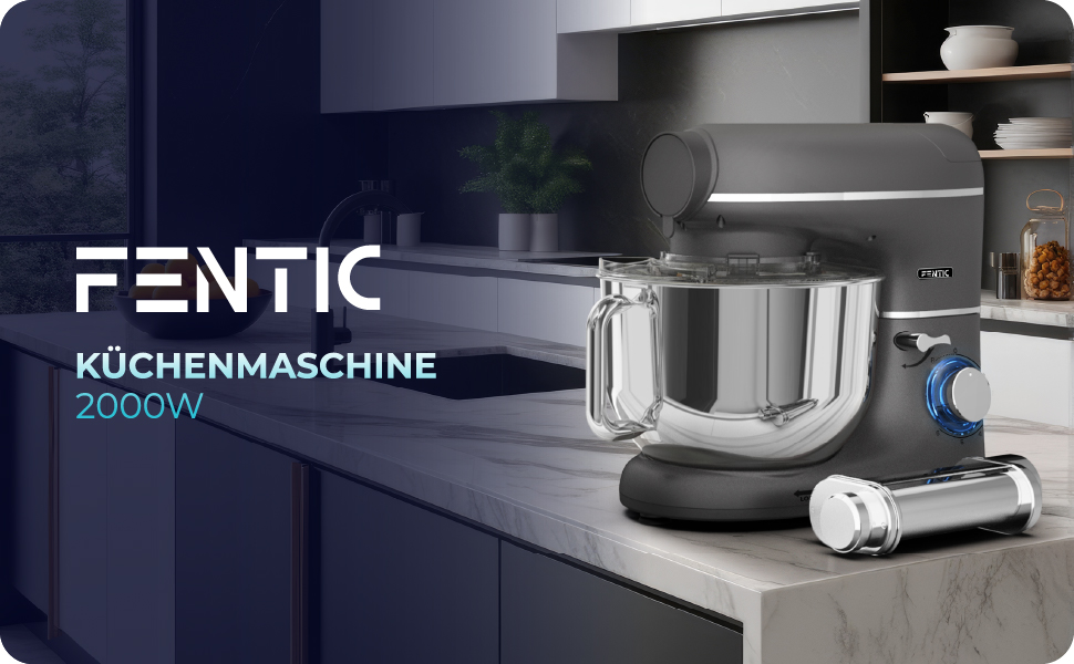 Кухонна машина з тістомісом та спагетницею – 2000W, з нержавіючою сталею, 6.2L, сірий колір