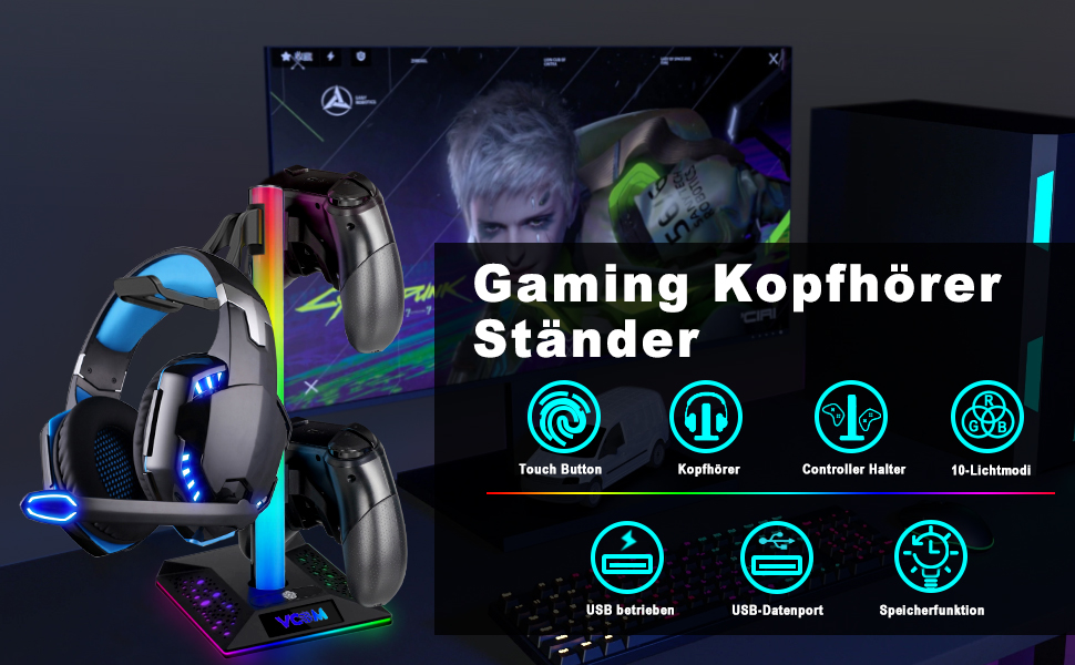 Підставка для навушників VCOM RGB з підсвічуванням, 10 режимів, 2 USB-порти, для геймерів, аксесуари для ПК