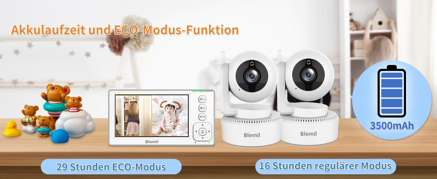 Відеоняня Blemil з 2 камерами, 4.3'' IPS монітором Split-Screen, зумом 2X та акумулятором на 29 годин, функція повороту та нахилу (без Wi-Fi)