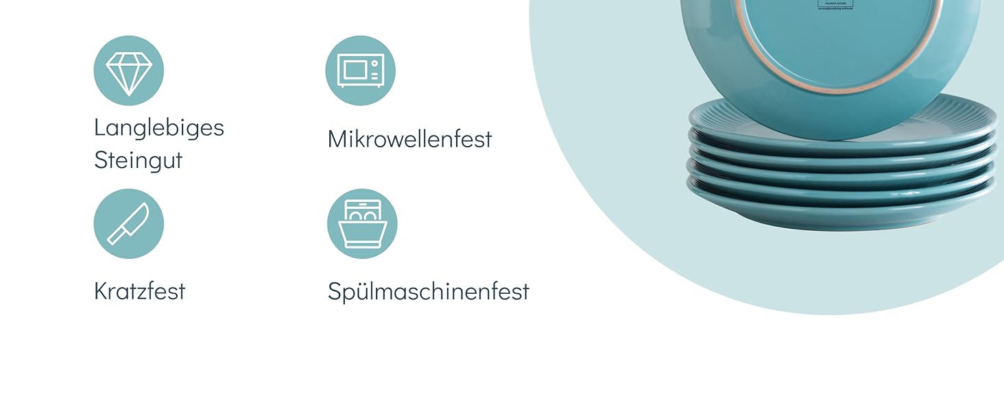 Набір посуду Steingut Hygge 24 елементи (6 осіб), Petrol - Набір посуду з каменю, Тарілки та миски, Pure Living