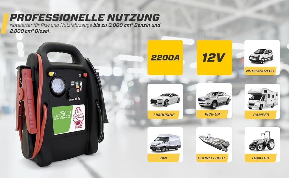Бустер для авто MAXTOOLS JS500 2200A 22Ah: пусковий пристрій (джампстартер) для 12V дизельних та бензинових двигунів, Powerbank з LED-ліхтарем та USB