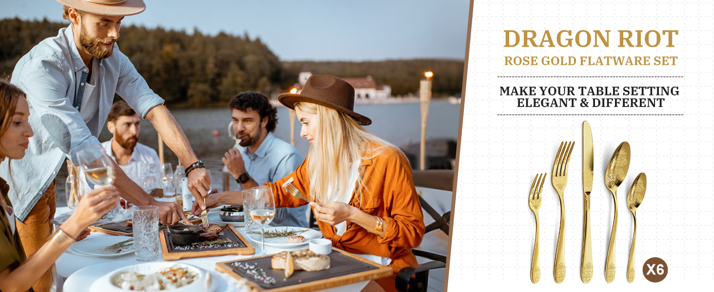 Набір столових приборів DRAGON RIOT Gold 30 предметів, нержавіюча сталь, для 6 осіб, з ножем, виделкою, ложкою. Підходить для дому, ресторану, вечірки.