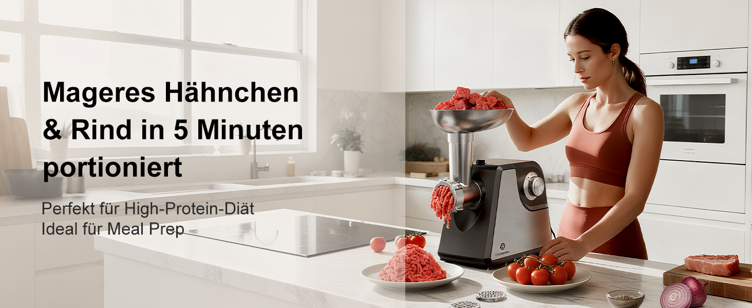 Електрична м'ясоподрібнювач Fleischwolf Juissiart: подрібнювач, фарш, ковбасний насадка, нержавіюча сталь, 3 диски, для кеббе, універсальний