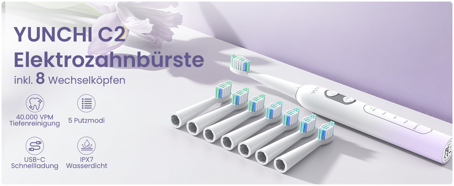 Електрична зубна щітка YUNCHI - звукова, для дорослих та дітей, 40000 VPM, USB-C, 5 режимів, 8 насадок + чохол, блакитна (C2 фіолетовий та білий)