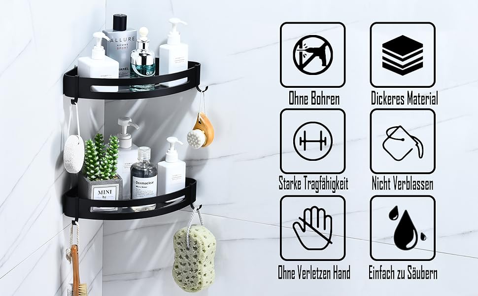 Душова полиця чорна, настінна металева полиця для ванної без свердління, кутова полиця з гачками, антикорозійна, 2 шт., матова