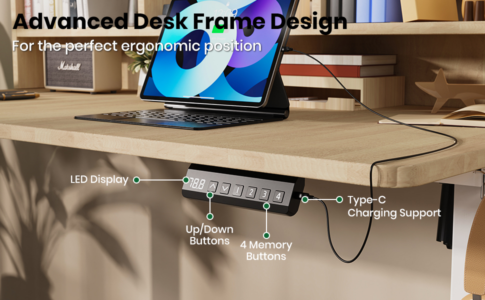 Електричний стіл з регулюванням висоти, білий. Стільниця з USB-C, пам'ять, 2 гачки. Міцний, з двома моторами