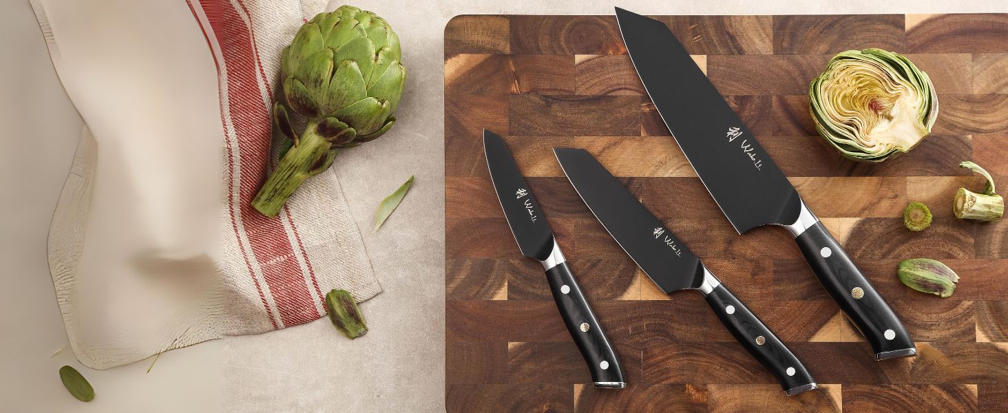 Набір кухонних ножів Wakoli Titanium Noir (5 предметів) з бруском - професійний набір кухонних ножів з титановим покриттям, нержавіюча сталь, чорне покриття, магнітний брусок