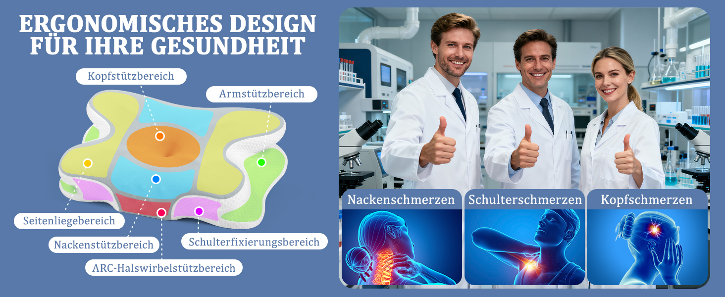 Ортопедична подушка для шиї з Memory Foam - для сну на боці, спині та животі з покриттям з льонової тканини (сіра)