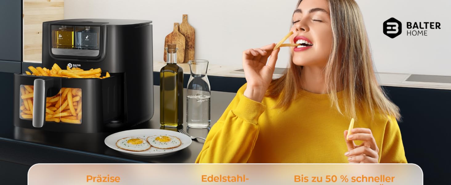 Бальтер Фритюрниця з гарячим повітрям Airfryer 5.5 л, 12 програм, з вікном, 100 рецептів, HL-551T (Чорний)