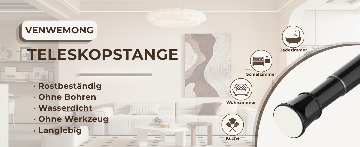 Телескопічний карниз для штор без свердління та гвинтів, розсувна штанга для ванної кімнати та гардероба, біла, 85-265 см (Ø 32 мм)