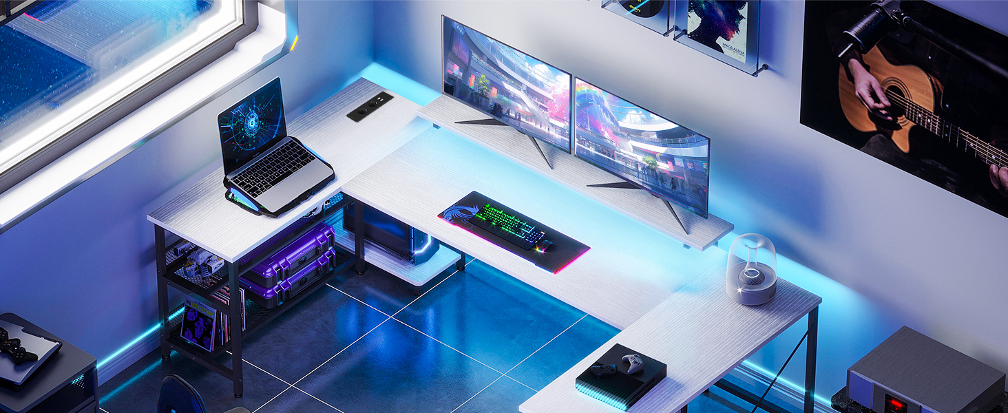 Кутовий стіл ODK з 4 шухлядами, місцем для зберігання, 2 розетками та 2 USB-портами для зарядки, з підсвічуванням LED та підставкою для монітора, 167×102 см, білий