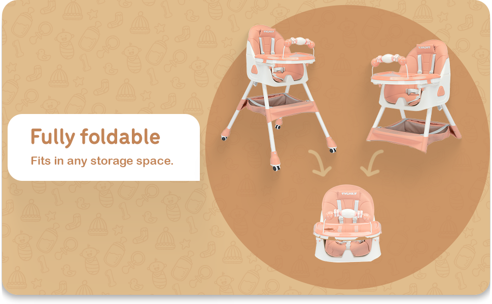 Дитячий стільчик для годування Twinky Hochstuhl Baby ECO з регульованою спинкою, функцією розкладання та столиком - підходить для новонароджених та дітей (Рожевий)