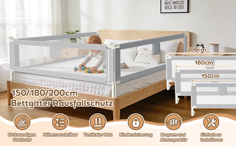 Захисний бортик для ліжка дитячий Ikodm 2x200 см + 1x180 см, регульована висота 64-96 см, сірий