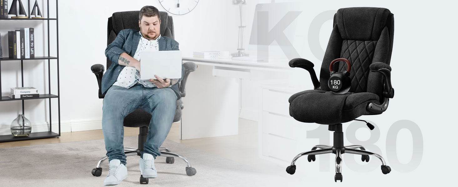 Ергономічне офісне крісло Bosmiller до 180 кг, комп'ютерний стілець для керівника з високою спинкою, широким сидінням та підлокітниками, що піднімаються (Чорний)