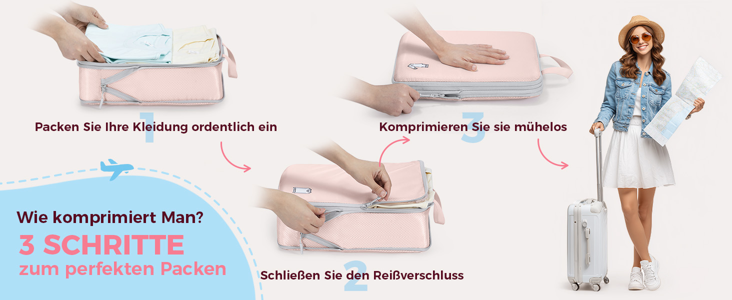 Набір компресійних органайзерів для валізи та рюкзака, водонепроникні пакувальні куби для подорожей, 8 предметів (Рожевий)