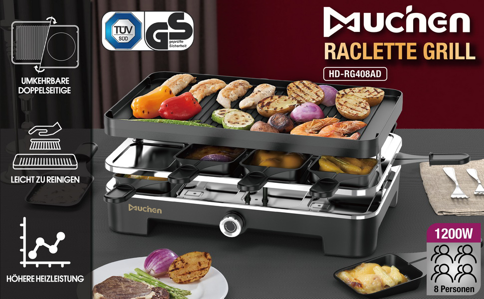Електричний гриль для раклет Muchen на 8 осіб з антипригарним покриттям, 1200W, 8 сковородок та 8 скребків