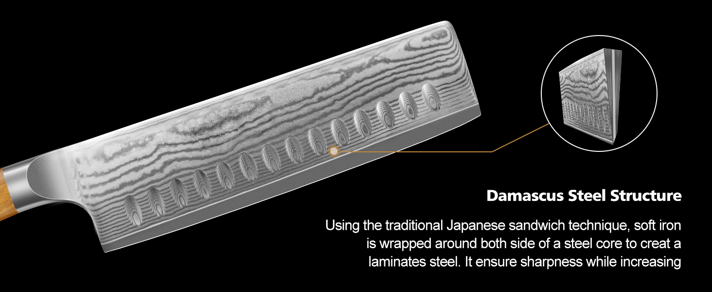 Японський ніж HOSHANHO з дамаської сталі 20 см, 67 шарів, кухонний ніж, надзвичайно гострий, з ергономічною ручкою оливкового кольору (16.5 см Nakirimesser)
